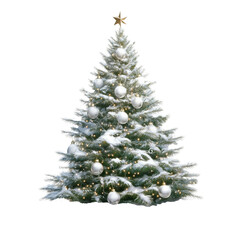 Fototapeta premium Christmas tree with snow and ornaments isolated on white background