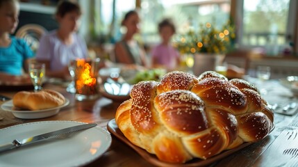 Challah bread on dining table with extended Jewish family in the background