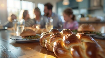 Challah bread on dining table with extended Jewish family in the background