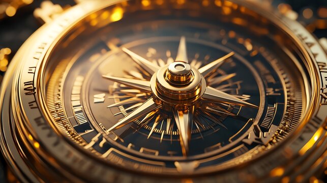 A golden compass pointing towards true north, symbolizing direction and purpose, golden compass, guidance and clarity