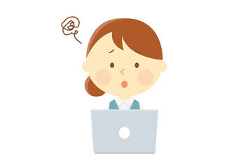 パソコンの前で困っている女性社員のイラスト