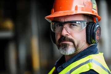 Close-up of a construction worker wearing a hard hat, safety glasses, ear protection, and a reflective vest