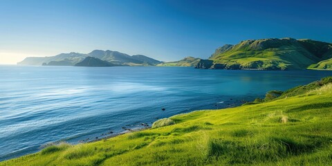 Obraz premium A serene Spring landscape with the sea gently lapping at the foot of rolling green mountains, bathed in warm sunlight under a clear blue sky.