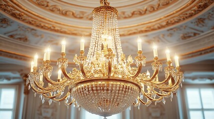 Obraz premium A luxurious gold chandelier hanging from an ornate ceiling, gold chandelier, opulent lighting