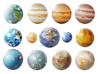 set of planets from the solar system, isolated against a transparent background