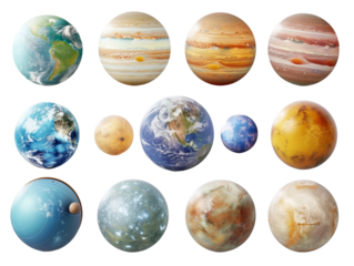 set of planets from the solar system, isolated against a transparent background