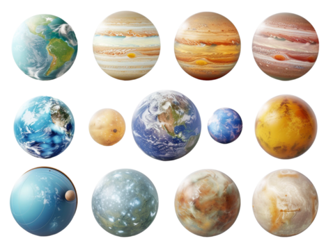 set of planets from the solar system, isolated against a transparent background