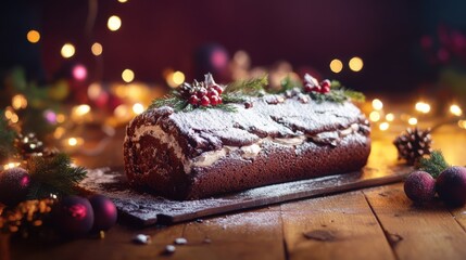Chocolate yule log cake with powdered sugar, resting on a wooden table with a deep plum background and glowing holiday lights, copy space, Merry Christmas background, festive dessert display