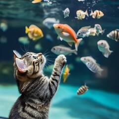 Cat pawing at fish swimming in an aquarium, curious cat, fascinating, dynamic