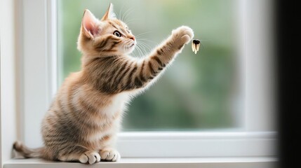 Cat perched on a windowsill, playfully swatting at a moth, playful predator, elegant, light