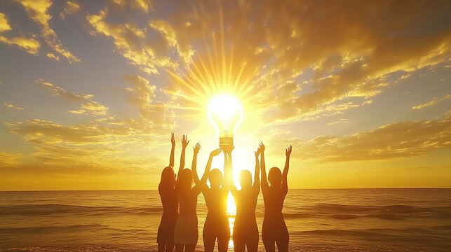 Group of businesspeople lifting a giant glowing lightbulb together, symbolizing collective creativity, team innovation, creative teamwork