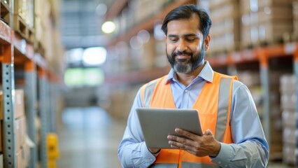 Indian Supervisor with Tablet in Warehouse

