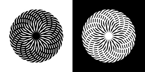 Abstract background with abstract line pattern in circles. Spiral art design as a logo or icon. A black figure on a white background and the same white figure on a black side. Mandala design with line