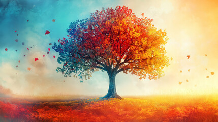 Tree of Life in Autumn, a stylized tree with leaves changing colors, symbolizing growth and renewal, with copy space, Rosh Hashana