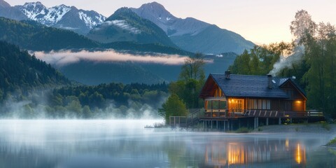 Fototapeta premium A serene wooden house by the lake with mist rising from the water, nestled near a mountain range, illuminated by the soft glow of a spring sunrise after rain.