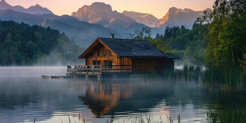 Fototapeta premium A serene wooden house by the lake with mist rising from the water, nestled near a mountain range, illuminated by the soft glow of a spring sunrise after rain.