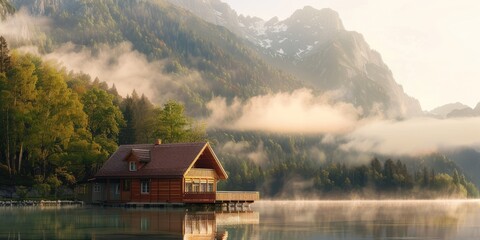 Fototapeta premium A serene wooden house by the lake with mist rising from the water, nestled near a mountain range, illuminated by the soft glow of a spring sunrise after rain.