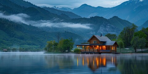 Fototapeta premium A serene wooden house by the lake with mist rising from the water, nestled near a mountain range, illuminated by the soft glow of a spring sunrise after rain.