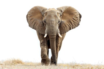Fototapeta premium A majestic elephant walking through the savannah its large ears and trunk highlighted against a clean white background showcasing its grandeur