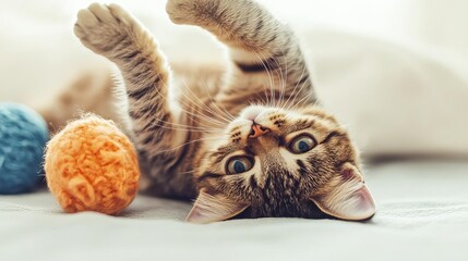 Obraz premium Cat rolling on its back, paws up, playing with a toy ball, relaxed play, cute, cozy