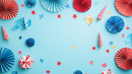 Fototapeta premium Colorful party decorations and festive elements on a light blue background for celebration