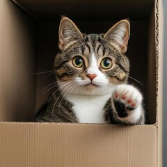 Cat sitting in a cardboard box, playfully pawing at the flaps, curious cat, cozy, cute