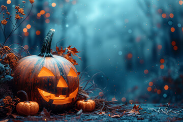 Naklejka premium Halloween holiday frame with party decorations from pumpkins, bats, Happy halloween greeting card .Halloween decorations, Halloween party greeting card mockup with copy space. Flat lay, top view, 