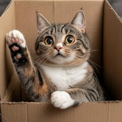 Fototapeta premium Cat sitting in a cardboard box, playfully pawing at the flaps, curious cat, cozy, cute