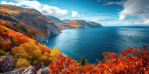 A stunning Autumn view with the deep blue sea meeting the base of rugged mountains, surrounded by vibrant fall foliage and bathed in warm, golden sunlight.