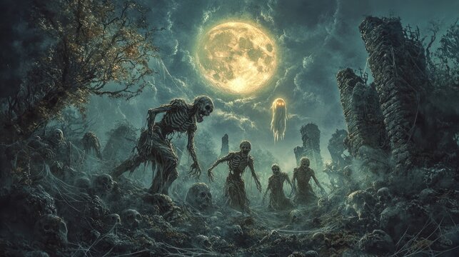 A group of zombies and mummies in a graveyard, the full moon shining down, with Krahang and Krasue ghosts floating ominously through the cobweb-filled trees.