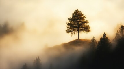 Obraz premium Tall, lone tree on a hill bathed in golden light, rising above a dense, moody fog-filled forest