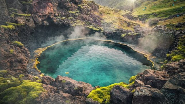 A round pool of teal water surrounded by dark rocks and moss. Steam rises from the water.