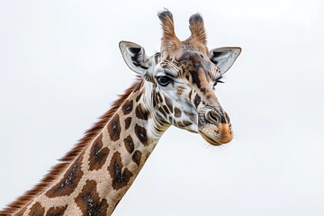 Obraz premium A majestic giraffe with its long neck and patterned coat standing tall against a plain white background highlighting its unique features