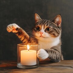 Cat swatting at a flickering candle flame safely behind glass, curious cat, warm, playful