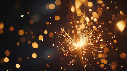 Obraz premium A sparkler emits bright light and sparks among a backdrop of colorful bokeh during a celebration