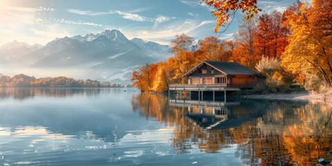 Fototapeta premium A serene autumn landscape with a wooden house on the edge of a calm lake, surrounded by golden and red trees, with mountains in the distance under warm sunlight.