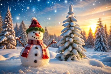 Fototapeta premium Happy snowman in winter forest with snowy trees