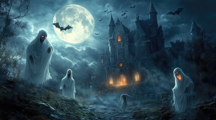 Fototapeta premium Krasue ghosts floating near a cobwebbed castle entrance, with zombies wandering below and bats flying in the sky, lit by the full moon.