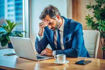 Naklejka premium Depressed businessman sitting at desk, overwhelmed by stress and financial worries in office setting