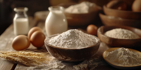 Fototapeta premium A bowl of white powder with flour, eggs, and milk on it, generative AI