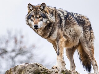 Obraz premium A majestic wolf standing on a rocky ledge its piercing eyes and thick fur coat captured against a stark white background