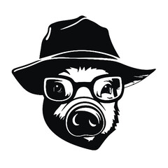 A pig wearing glasses and a hat  , silhouette vector illustration transparent background
