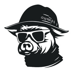 A pig wearing glasses and a hat  , silhouette vector illustration transparent background
