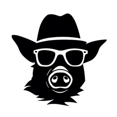 A pig wearing glasses and a hat  , silhouette vector illustration transparent background
