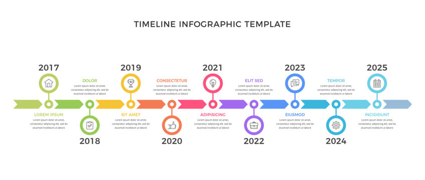 Long horizontal timeline infographic template with nine parts, vector eps10 illustration