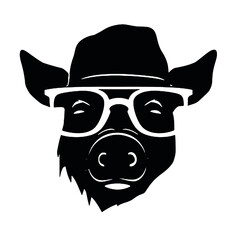 A pig wearing glasses and a hat  - silhouette vector illustration transparent background
