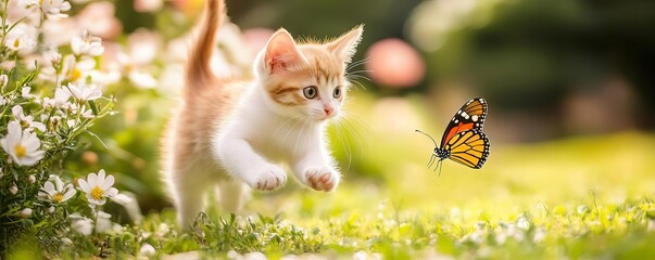 Kitten chasing a butterfly in a blooming garden, garden play, vibrant, cheerful