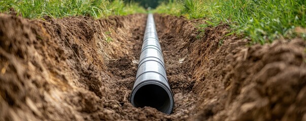 A long pipe laid in a trench, surrounded by rich soil and grass, illustrating construction and infrastructure development.