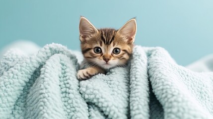 Naklejka premium Kitten climbing a pile of soft blankets, cozy adventure, cute, soft