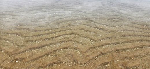 Ocean wave texture on sand beach in water background landscape.